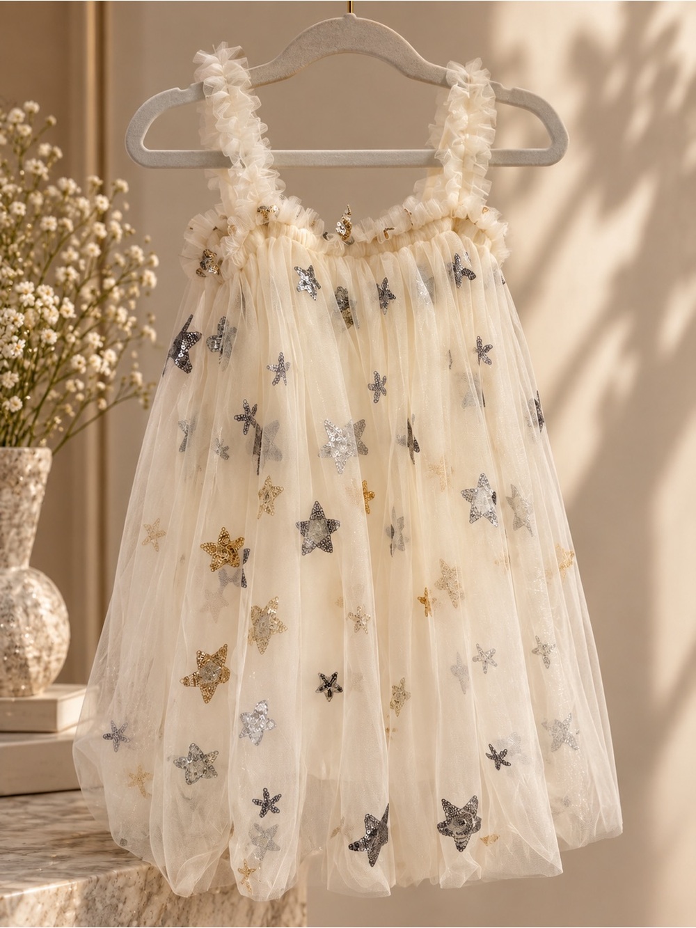 Girls Cream Tulle Dress with Glitter Star Embellishments
